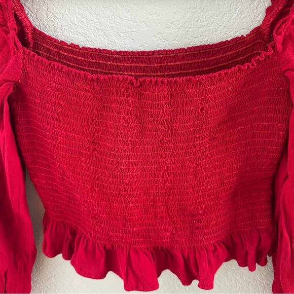 REFORMATION Francis Red Smocked Long Sleeve Square Neck Top - Picture 9 of 11